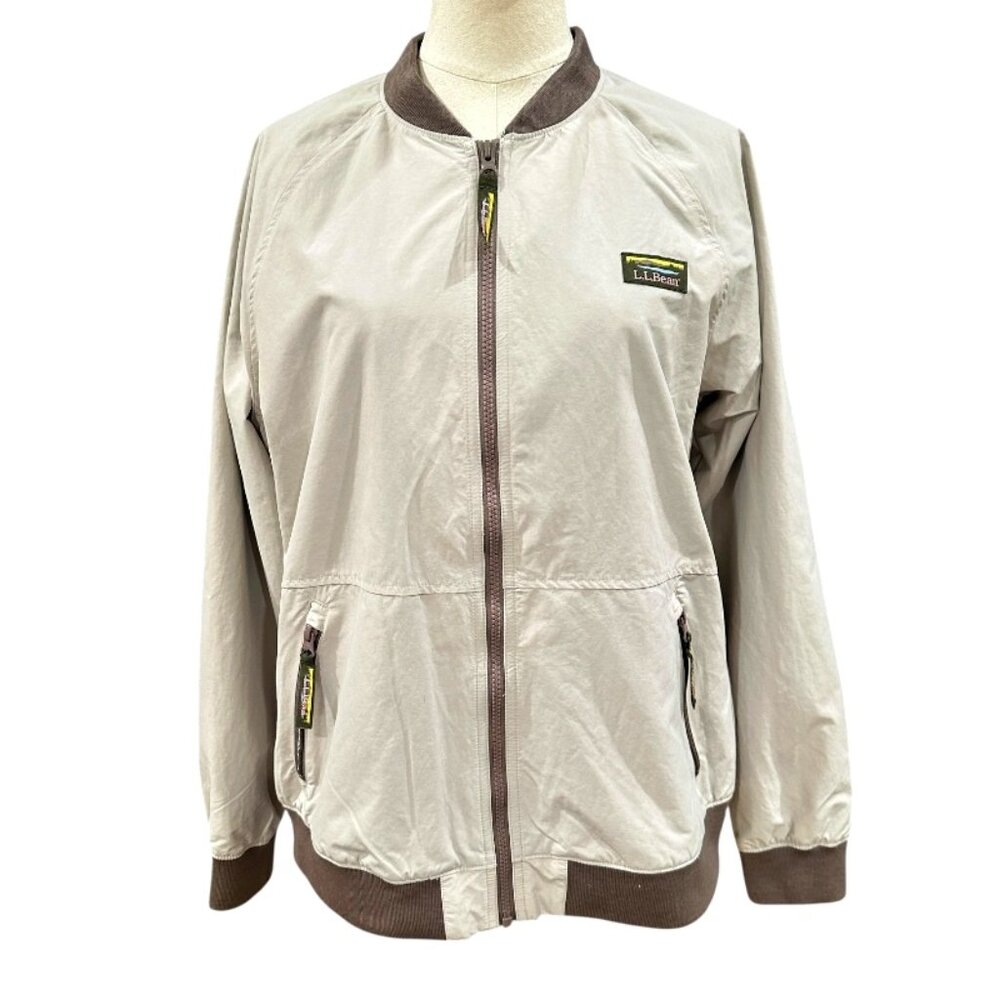 LL Bean Womens 3 Season Bomber Jacket LARGE Tan Khaki Fleece Lined Recycled ECO